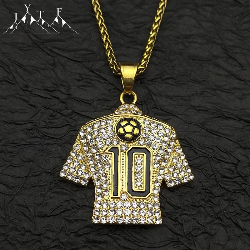 Fashion Football No 10 Jersey Rhinestones Pendant Necklace for Women Men Gold Color Stainless Steel Sports Lovers Jewelry Gift
