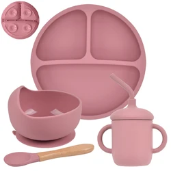 4/5/6PCS Baby Silicone Tableware Set Kid Feeding Bowl Plate With Sucker Waterproof Bibs Wood Fork SpoonNon-slip Dinnerware Set