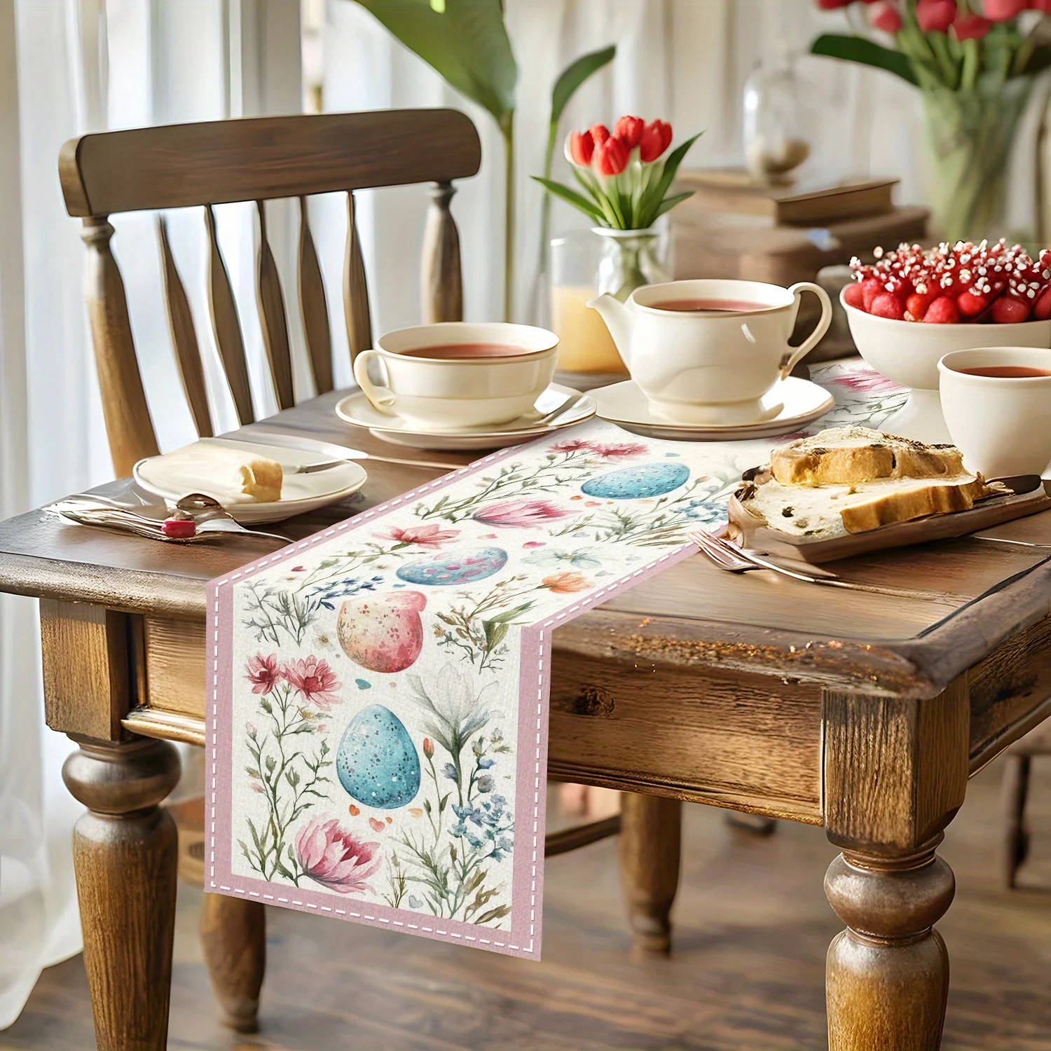 1 Easter Egg Floral Table Runner 2D Single Print Elegant Home Decor Dining Table Accessory Watercolor Functional Holiday-Themed