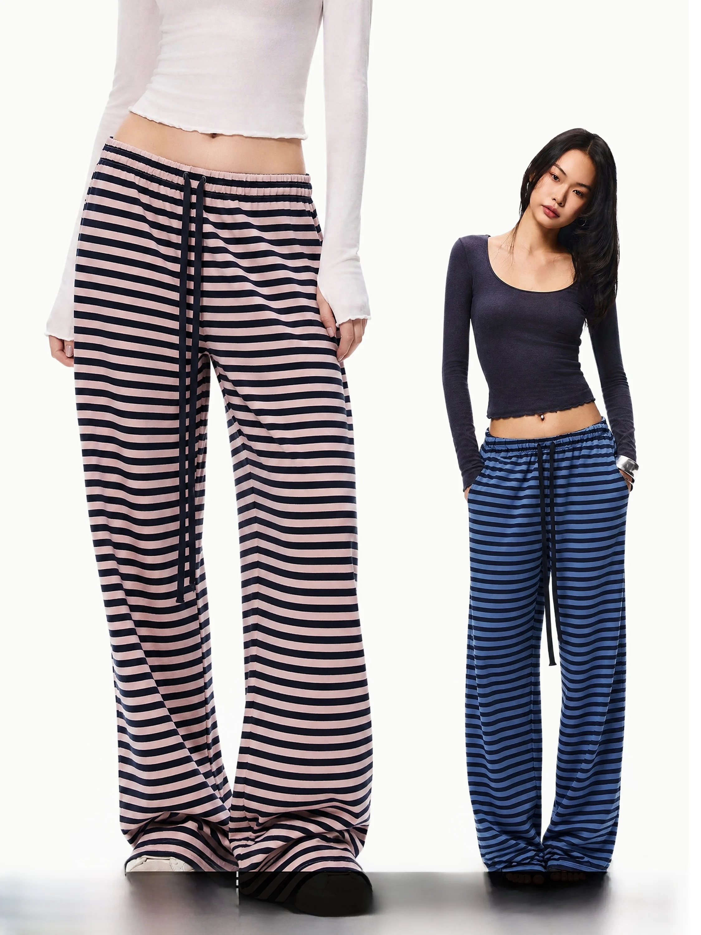 GOGO BURN American Low Waist Color Block Striped Elastic Rope Casual Pants Women's Autumn New Design Wide Leg Pants