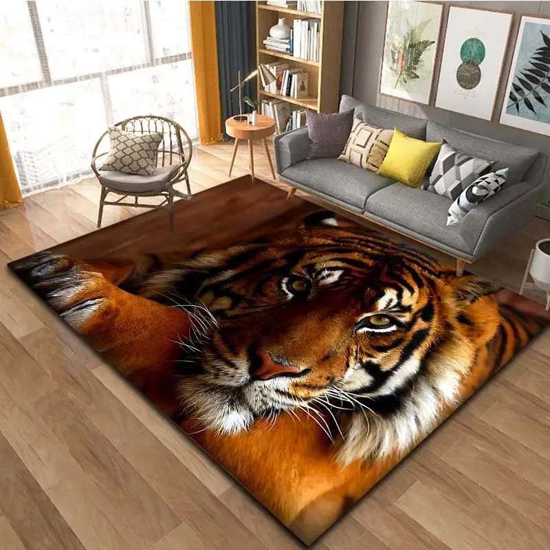 سجادة أرضية نمر كبيرة جدًا، سجادة طباعة نمر ثلاثية الأبعاد واقعية مع حصيرة لغرفة المعيشة وغرفة النوم والمكتب، سجادة داخلية لديكور المنزل الحديث