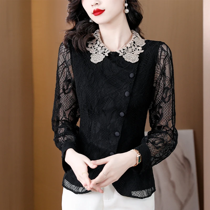 

2023 Summer New Black Lace Spliced Short Sleeve Top Women's Waist Polo Neck Shirt Korean Edition Covering Belly Slim T-shirt