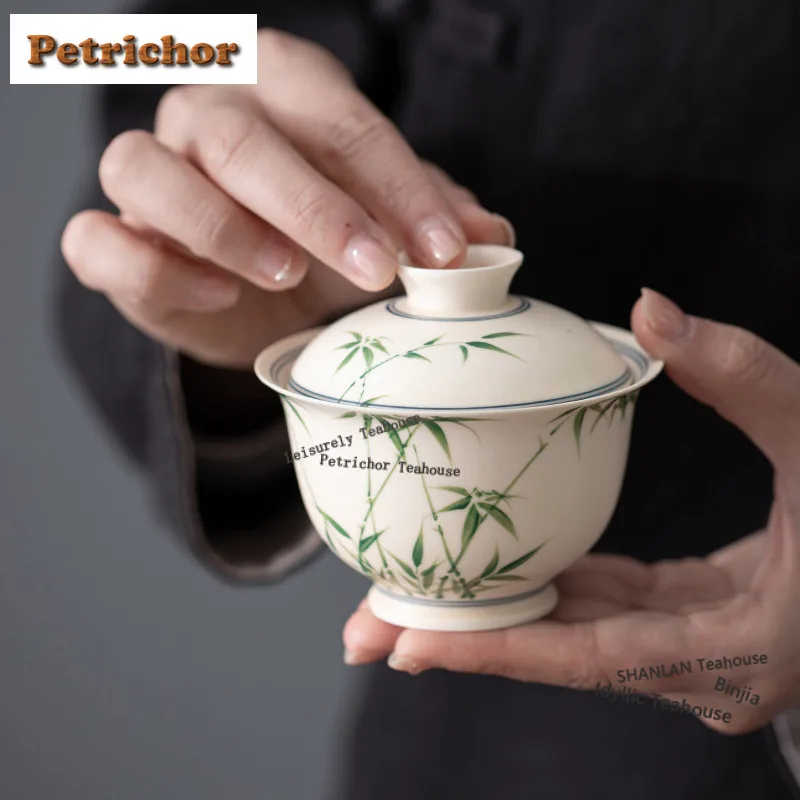 

160ml Hand-painted Bamboo Shadow Gaiwan Zen Tea Tureen Tea Bowl With Lid Kit Tea Brewing Cover Bowl Chinese Tea Set Craft Gift