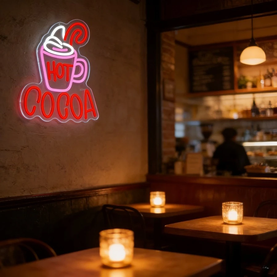 Hot Cocoa Neon Sign LED Neon Light Dimmable Cafe Decor Hanging Lamp for Winter Christmas Coffee Station Kitchen Wall Art Gift