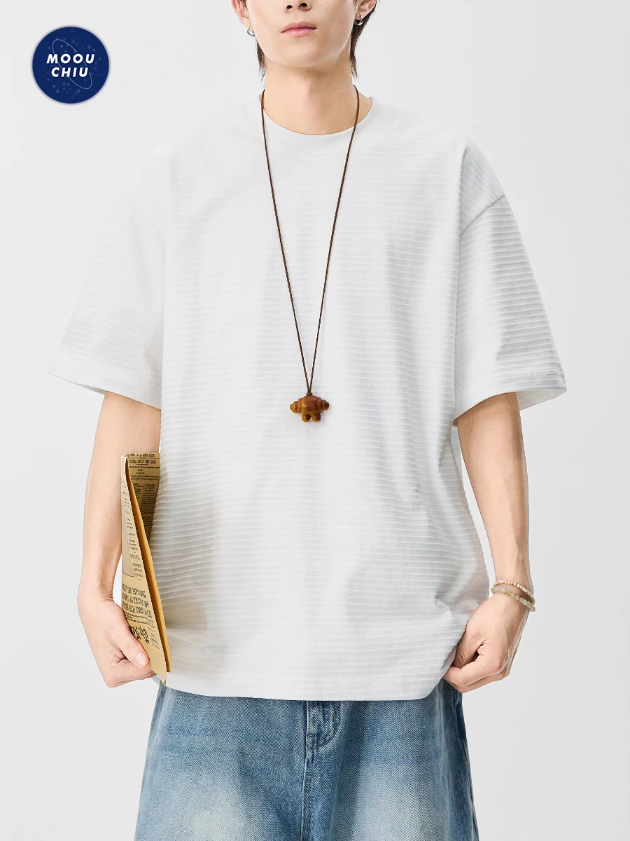 American retro striped old-money style short-sleeved T-shirt for men, loose casual round neck top, base layer