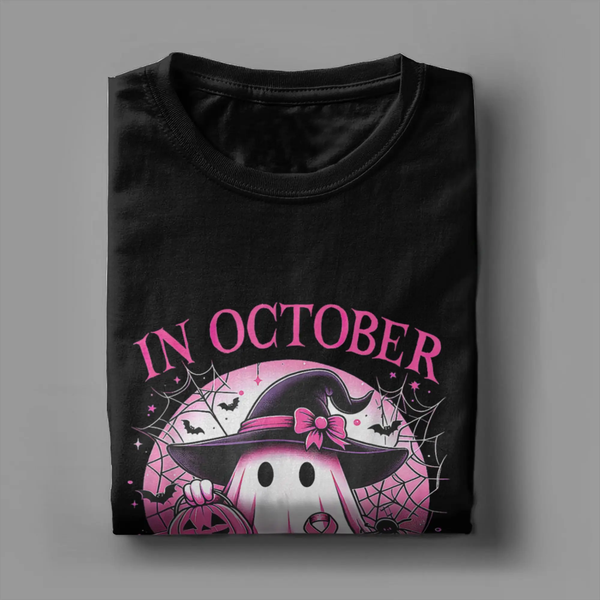 في أكتوبر نرتدي الوردي الساحرة شبح سرطان الثدي الوعي تي شيرت الصيف مضحك تي شيرت للرجال قصيرة الأكمام ملابس منقوشة