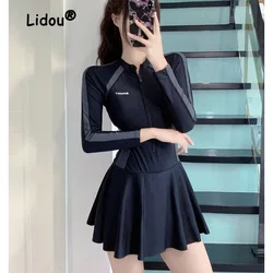 Long Sleeve Zipper One-piece Skirt Swimsuit Women Conservative Thin Slightly Fat Sexy Black Exclusive Swimming Pool Swimwear