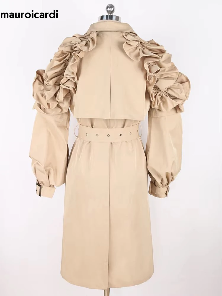 Mauroicardi Spring Khaki Long Trench Coat for Women with Ruffled Sleeve Belt Elegant Chic Modest Luxury Black Overcoat 2025