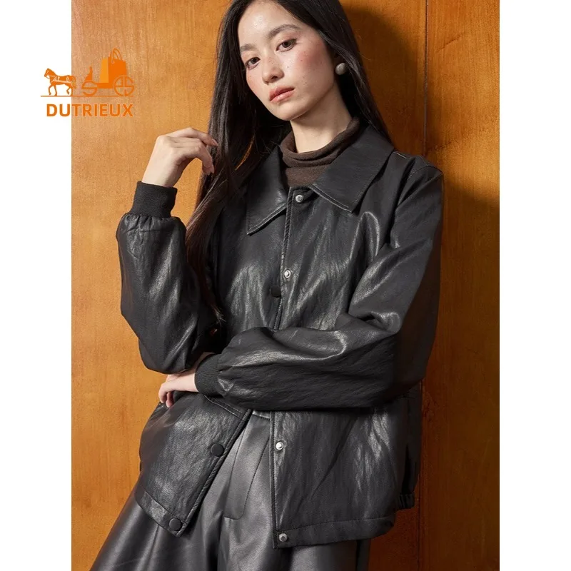 2025년 신상 가을 여성 패션 중간 길이 가죽 재킷, 100% 천연 양가죽, 심플하고 우아한 여성용 코트