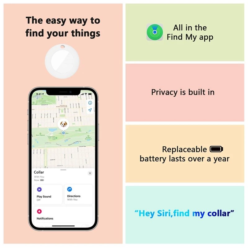 الموقع، طوق ذكي لتتبع الحيوانات الأليفة، سهل الاستخدام، يعمل فقط مع Apple Find My Silver