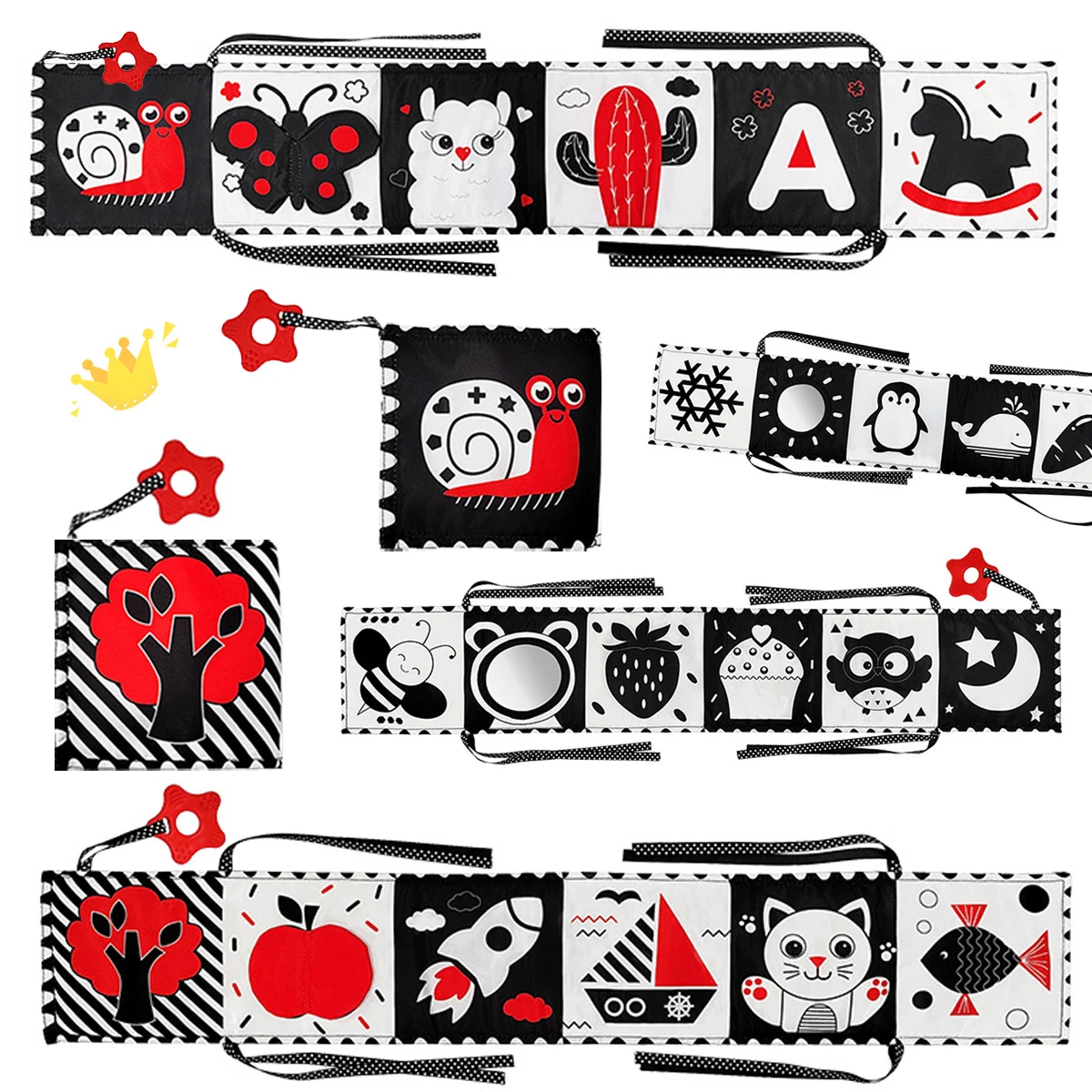 Livres en tissu doux pour bébé, jouet éducatif sensoriel pliable et froissé noir et blanc à contraste élevé, cadeaux d'anniversaire parfaits