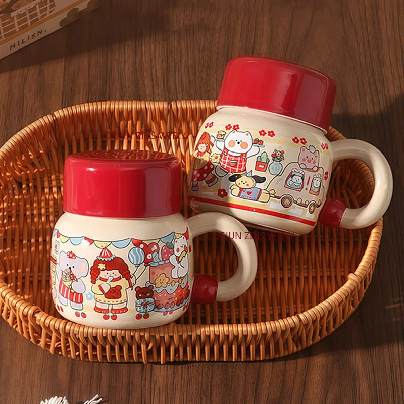 480ml Cartoon Ceramic Mug with Lid Newly Designed Exquisite Water Cup Office Dust-proof Coffee Cup for A Girl's Birthday  Gift