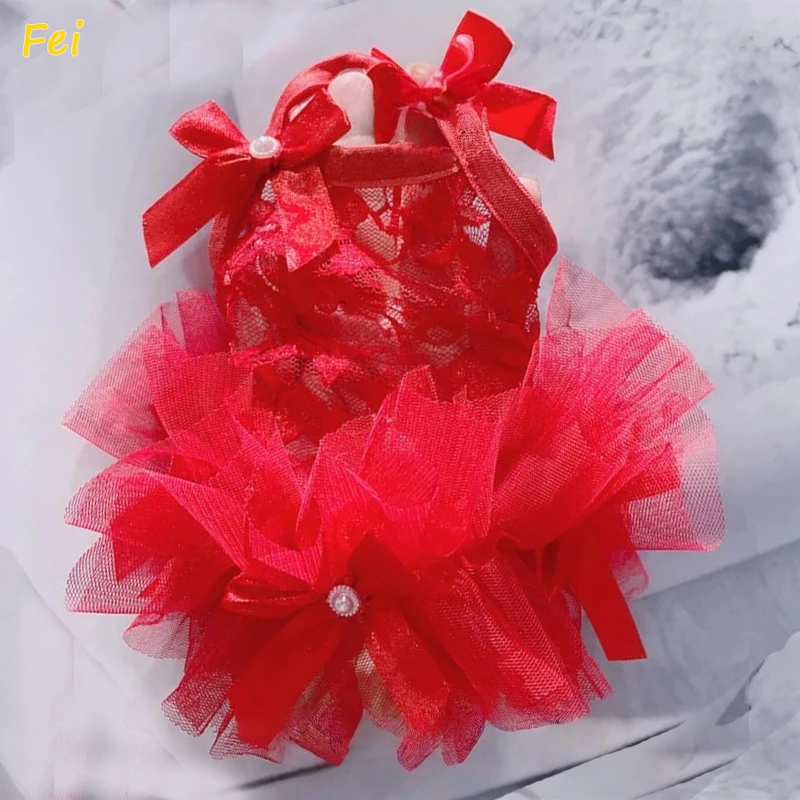 

Hot Red Lace Sling Princess Dresses For Small Medium Dogs Summer Pet Dog Clothes Chihuahua Soft Hollow Lace Skirts Puppy Dog