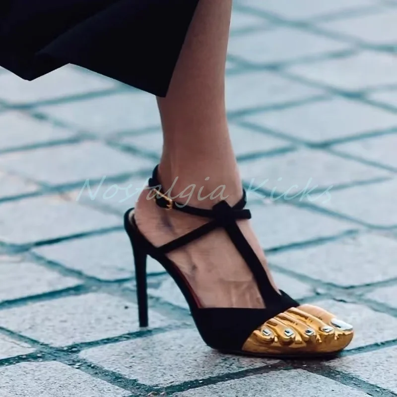 2025 moda oro cinco dedos zapatos de tacón alto verano versátil tacón de aguja hebilla sandalias mujeres vestido romano zapatos cómodos