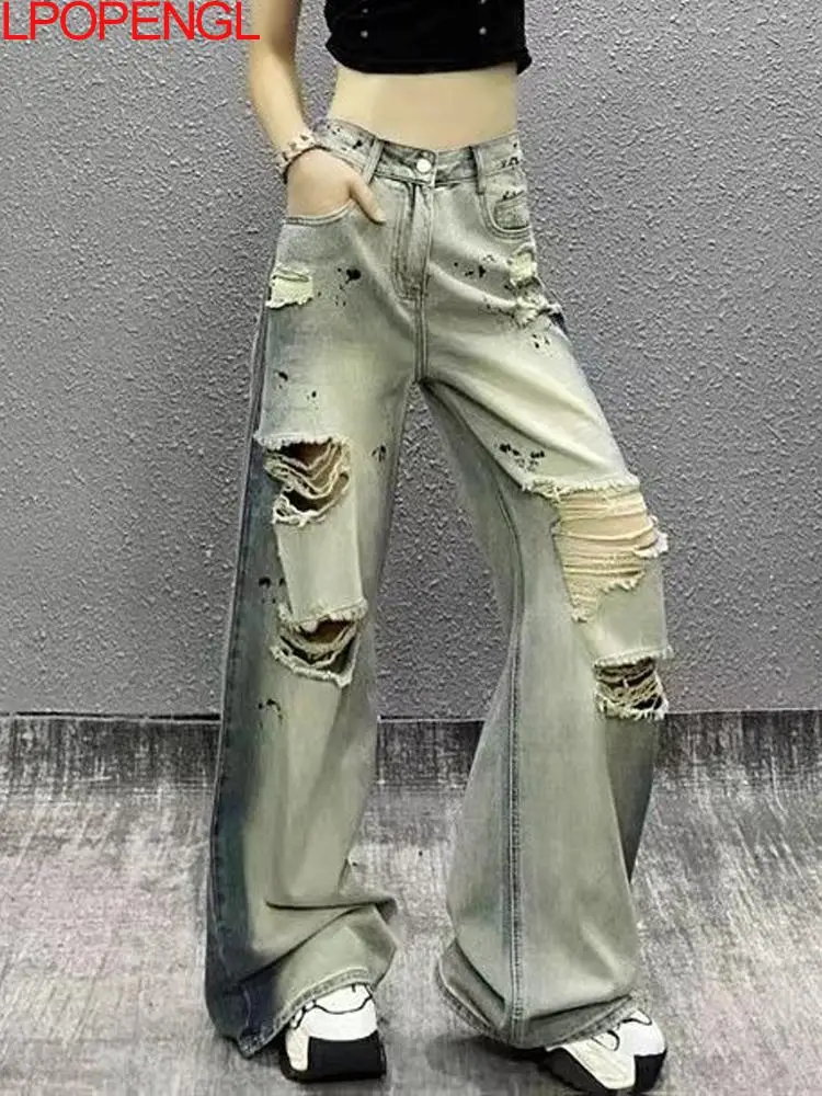 

Fashion Vintage Design Ripped Washed Denim Jeans 2026 Women's Summer High Waist Loose Casual Versatile Straight Wide Leg Pants