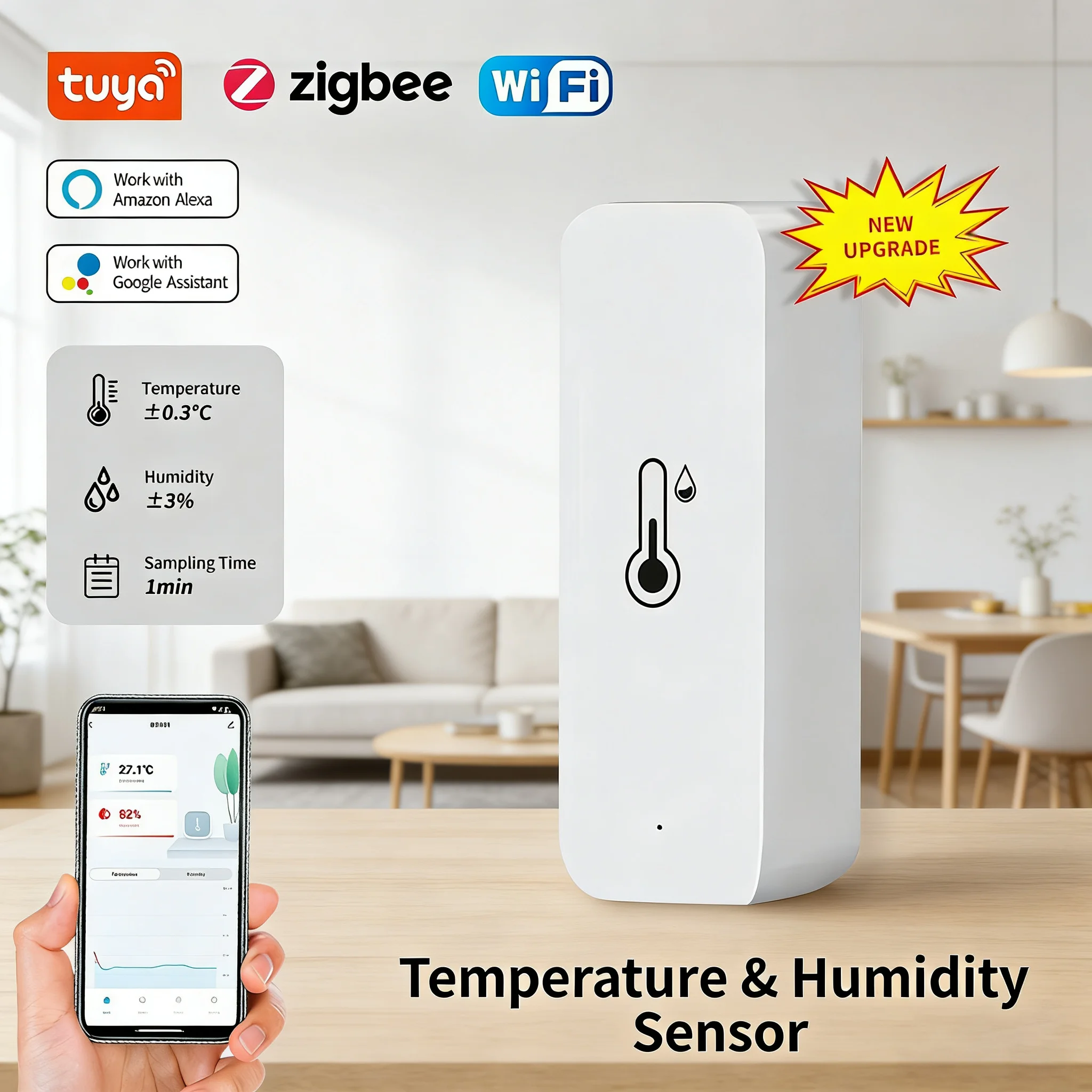 

Датчик температуры и влажности Tuya WiFi Zigbee для умного дома, комнатный гигрометр-термометр с мониторингом в реальном времени через приложение, совместим с Google