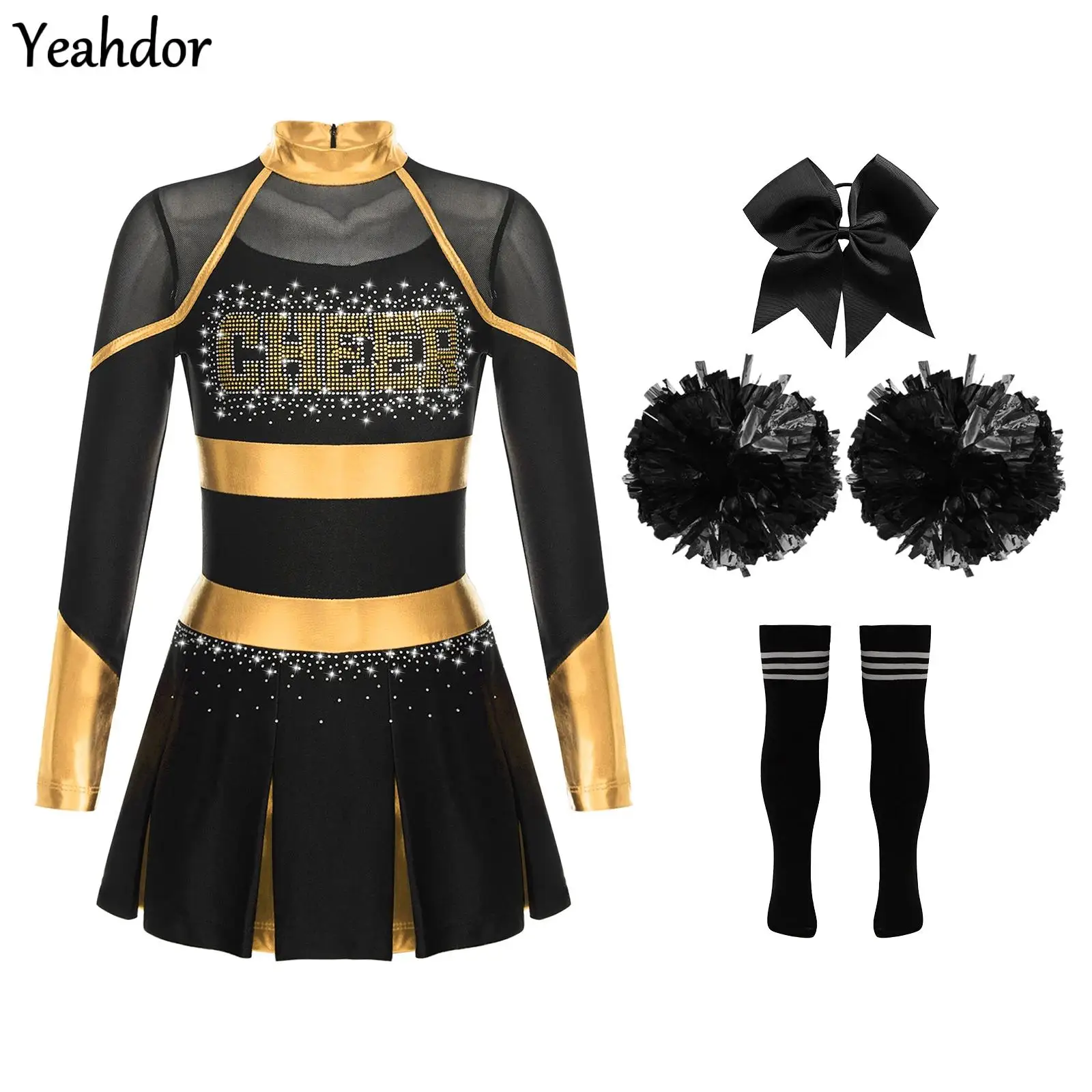 

Girls Cheerleading Costumes Uniform Rhinestones Cheer Pleated Dress with Hand Flowers Headwear Stripe Sock Set Stage Performance