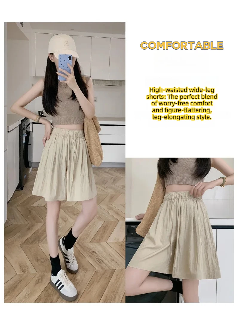 Solid Color Casual Summer Shorts for Women Thin Breathable Elastic Waist Shorts Woman Vacation Loose Wide Leg Shorts Beach Pants