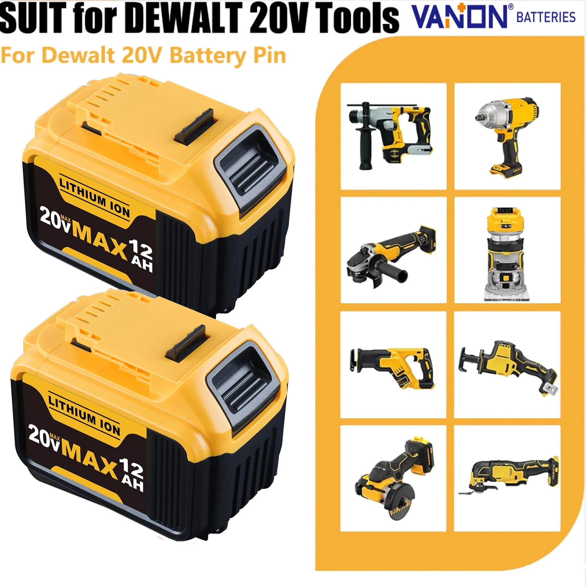 

VANON 2Pack DCB205 12.0Ah Replace for Dewalt DCB200 DCB201 DCB204 DCB206 20V Max Li-on Battery Pin Suit for 20V Power Tools