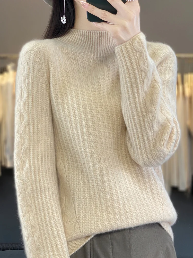 Autumn Winter Women Mock-Neck Cashmere Pullover Long-Sleeve Sweater 100% Merino Wool Warm Knitwear Female Grace Soft Tops