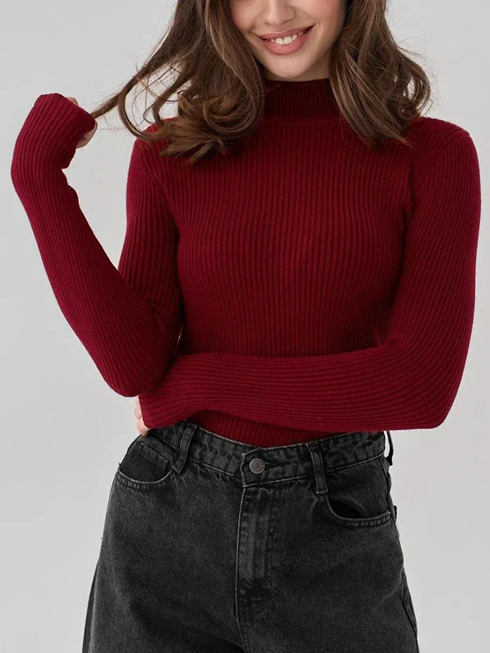 Solid Color Slim Fit Sweaters for Women Half High Neck Long Sleeve Bodysuit Elastic Knitted Tops Basic White  Pullover Knitwears