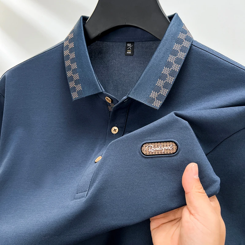 

Summer high-end breathable cotton trend plaid embroidery men's short sleeved POLO shirt comfortable silk casual business T-shirt