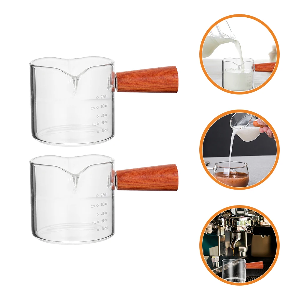 2 قطعة مقبض الخشب جرة الحليب الزجاجية 75 مللي صنبور مزدوج قياس كوب لصنع قهوة اسبريسو صب أكواب المطبخ بار أداة #2