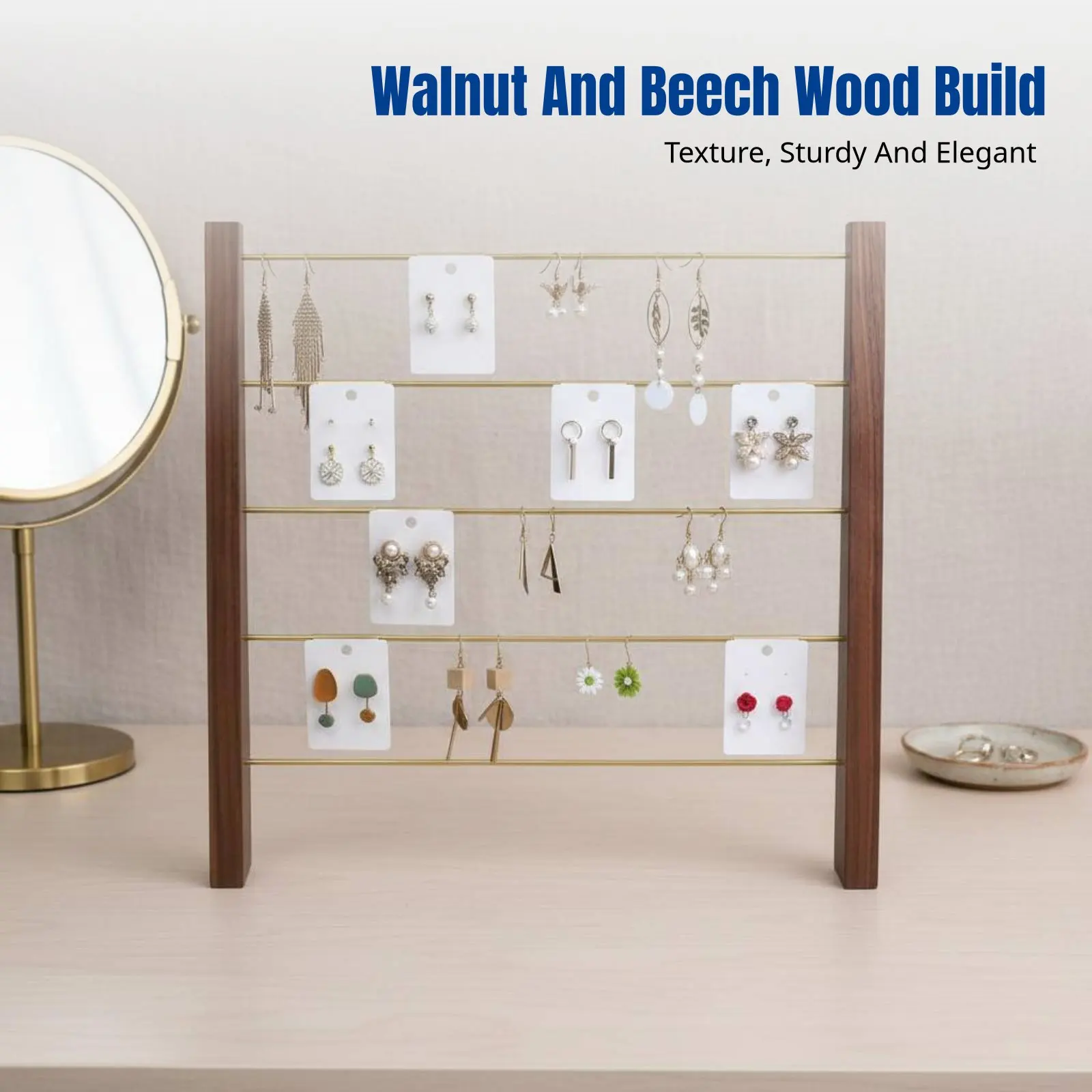 

Large Capacity Walnut Earring Display Stand, Minimalist Beech Wood Jewelry Organizer, Trapezoid Holder for Photo Props