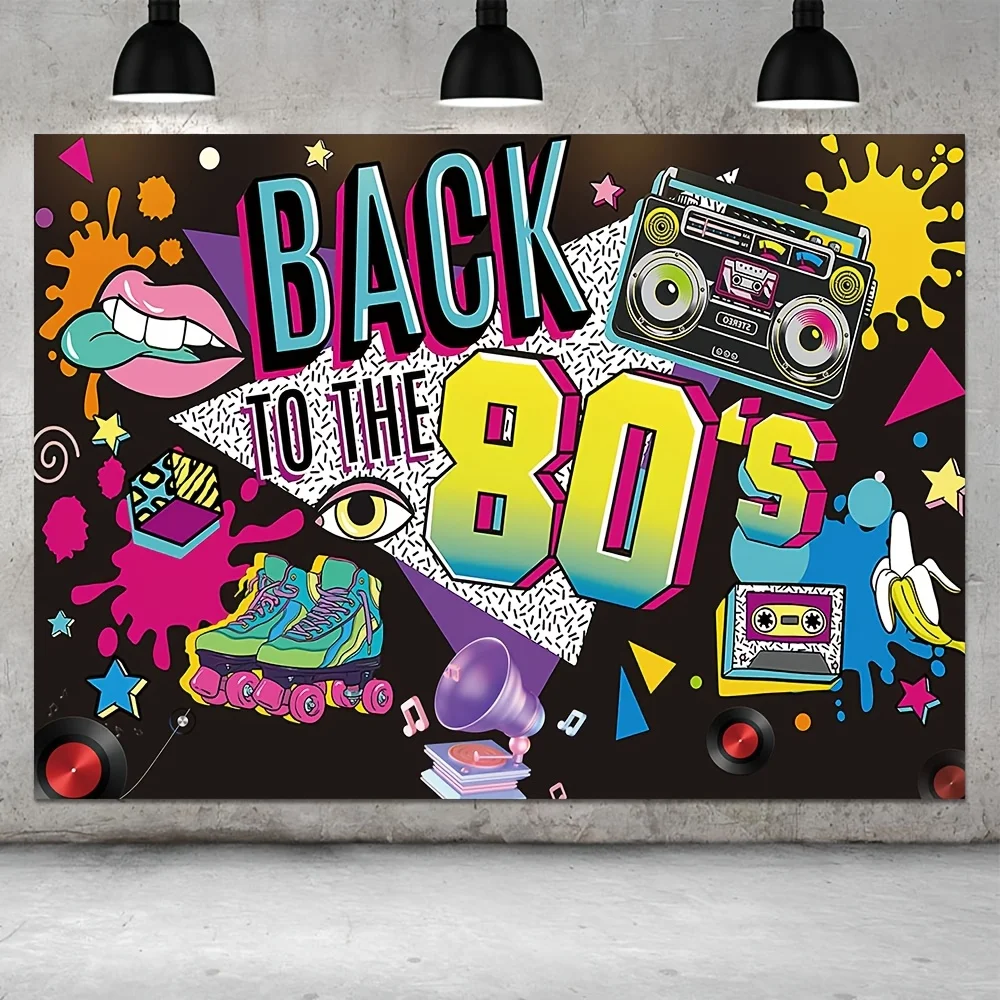 Ein Vintage-Partyhintergrundstoff aus den 1980er Jahren mit Hip-Hop-Graffiti-Design, aus Polyester gefertigt und für die Wandmontage geeignet.