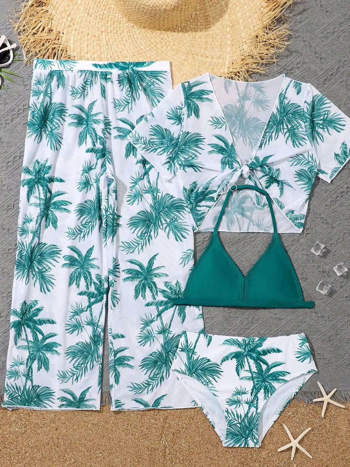 Girls 4pack Palm Tree Print Bikini Sets with Pants+Short Sleeve Crop Top Kids Swimsuit 7-12 Years Children Swimwear Bathing Suit