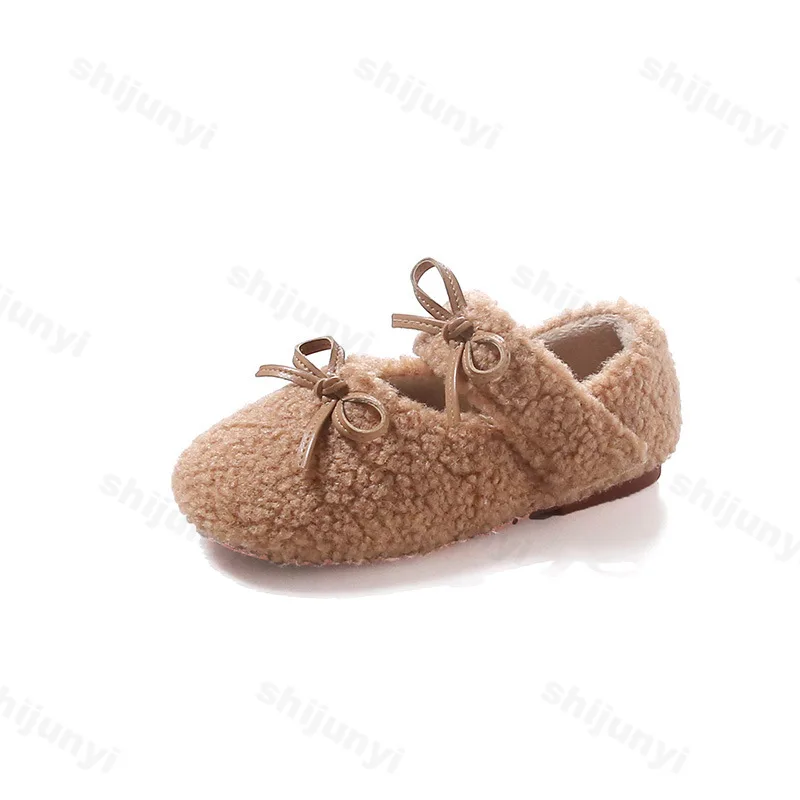 2024 Winter New Children Flats Fur Cover Toe Light Warm Kids Fahsion Bowknot Casual Shoe Plush Non-slip Leisure Mary Jane Shoes