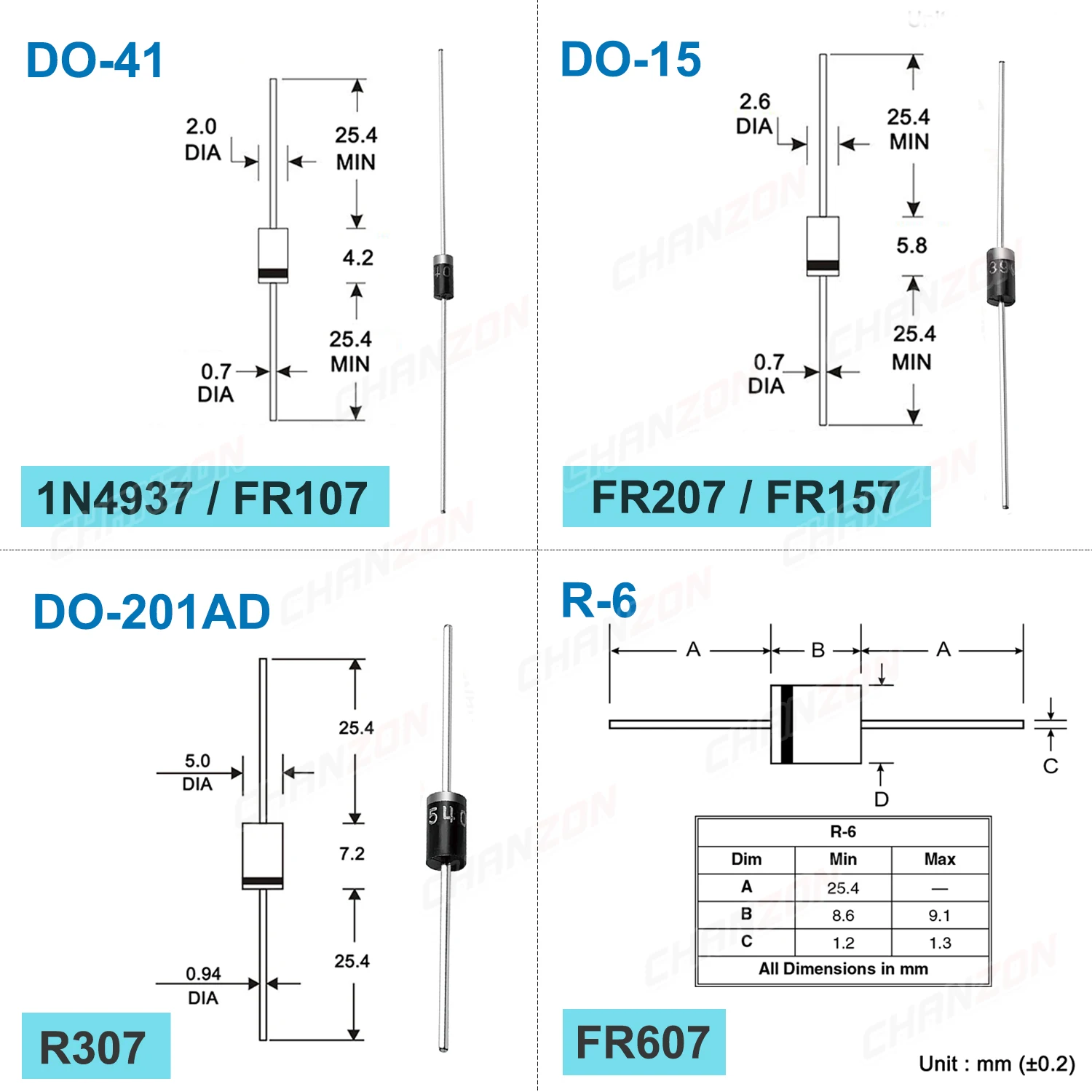 FR107 FR157 FR207 FR307 FR607 1N4937 Fast Recovery Diode Rectifier DO-41 DO-15 DO-201AD DO-27 R-6 1A 1.5A 2A 3A 6A 600V 1000V