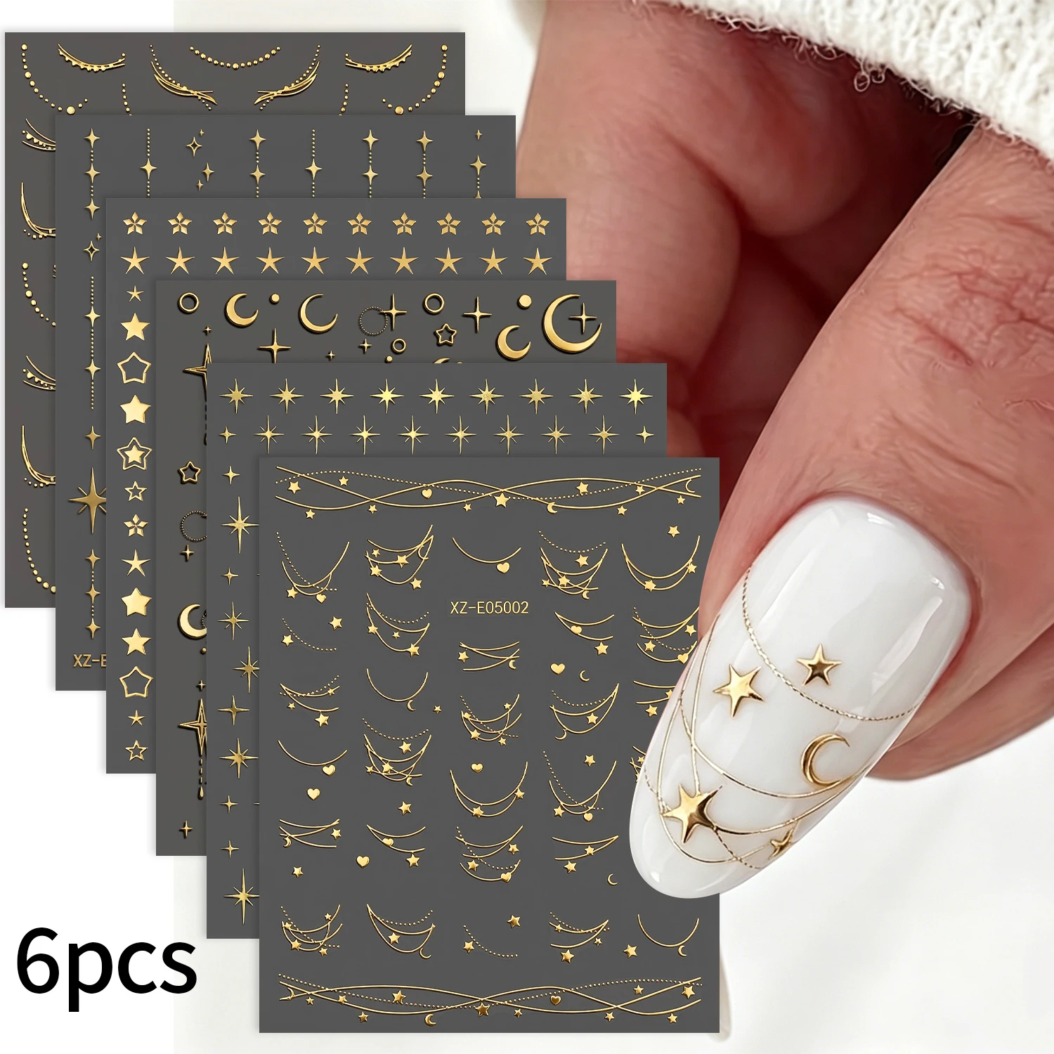 6 Stück 3D Metallic Silber Nagelaufkleber Unregelmäßiges Leoparden-/Stern-/Kurvenlinien-Design Nagelkunst-Abziehbilder Y2K Abstrakte Linien Maniküre-Dekoration