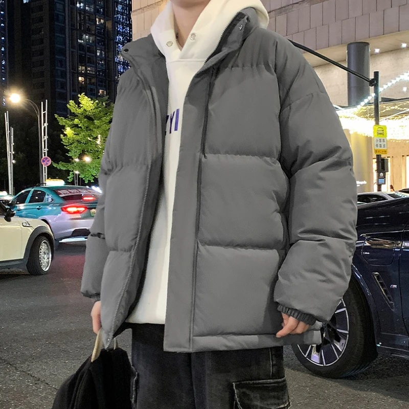 

Корейская уличная куртка-пуховик для мужчин, осень-зима, свободное пальто для мужчин, однотонное короткое пальто с воротником-стойкой, мужские модные парки
