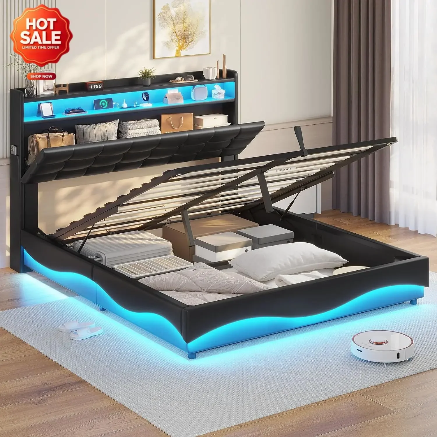 Lift Up Storage Full Size Bed Frame with Type-C Charging Station& Hidden Storage Headboard, LED Lights Upholstered Platform Bed,