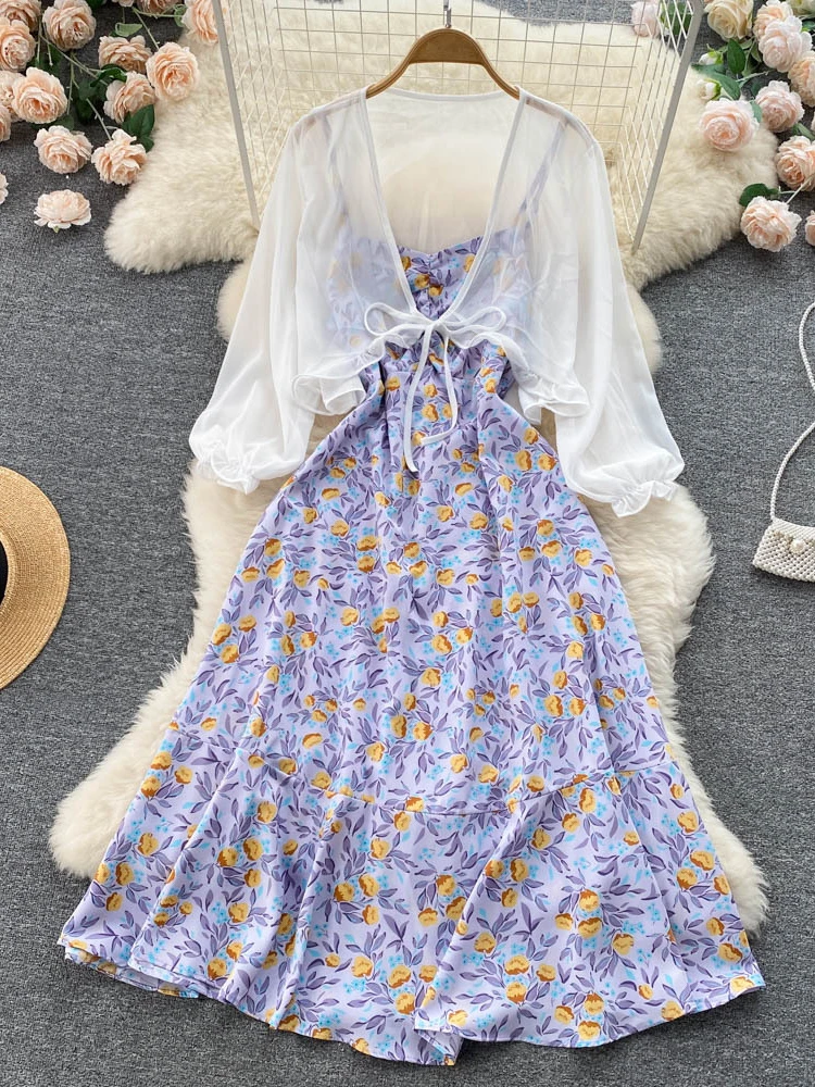 

Summer Floral Dress Women Vacation Style Chiffon Sunscreen Shirt+Suspended Dress Two Piece Set Hot