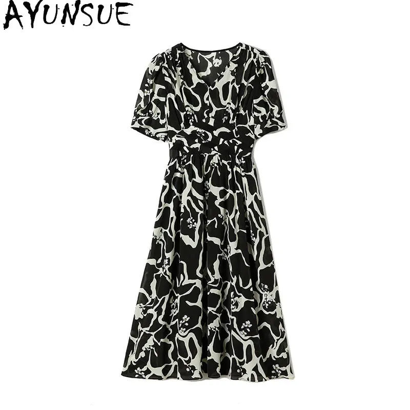 

AYUNSUE 100% шелковые платья из тутового шелка для женщин, черное платье с цветочным принтом и V-образным вырезом, женские летние платья, элегантная женская одежда, платье женское
