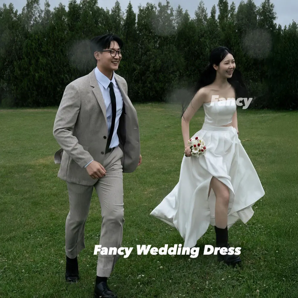 

Fancy Simple Strapless 2pcs Wedding Dress Korea Photo Shoot A Line Soft Satin Prom Gown Sleeveless Evening Dresses Customized