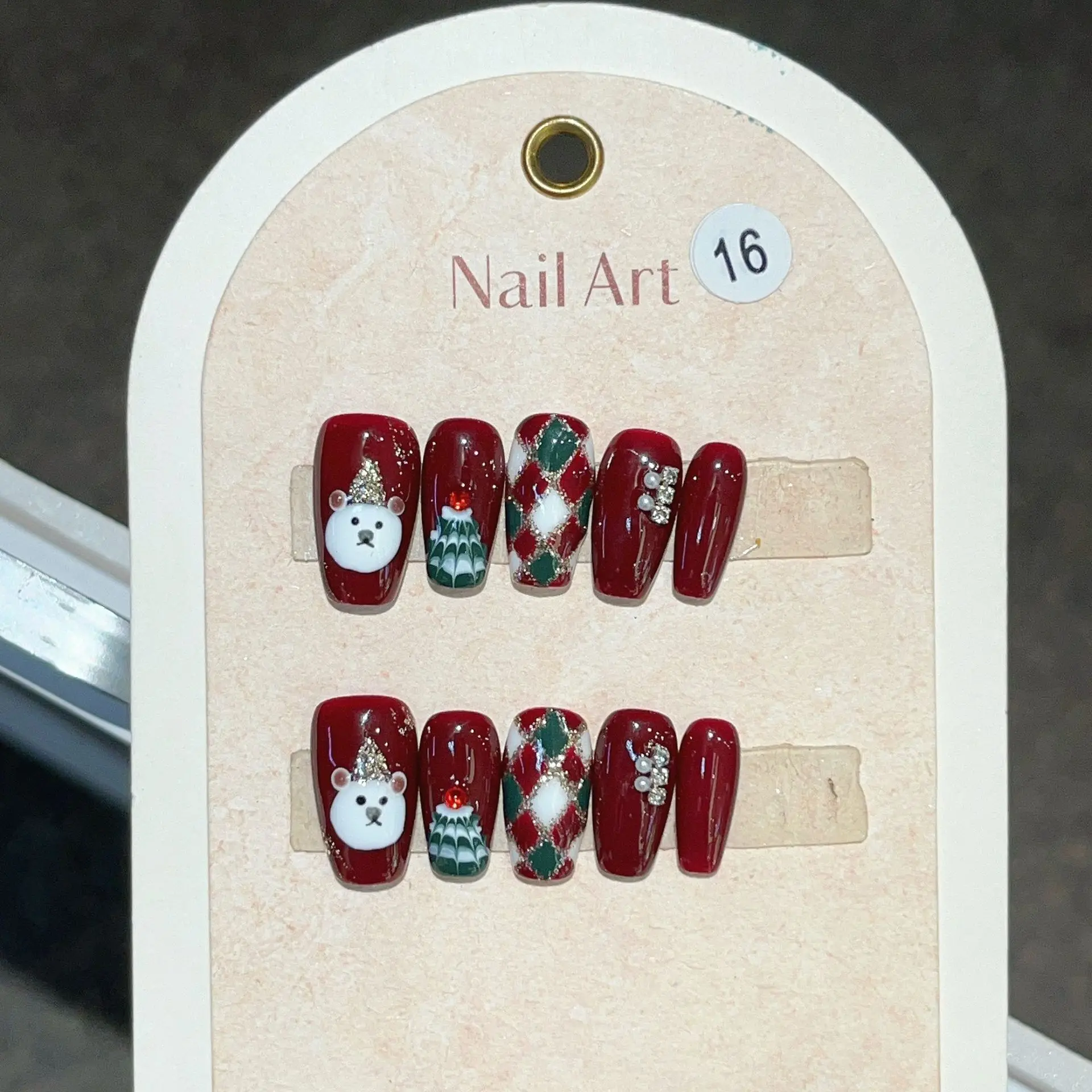 10Pcs Red New Year Short Coffin Press on Nails with Glue Wearable Hand Painted Wake Lion Pattern Nail Art Lucky Full Cover Nails