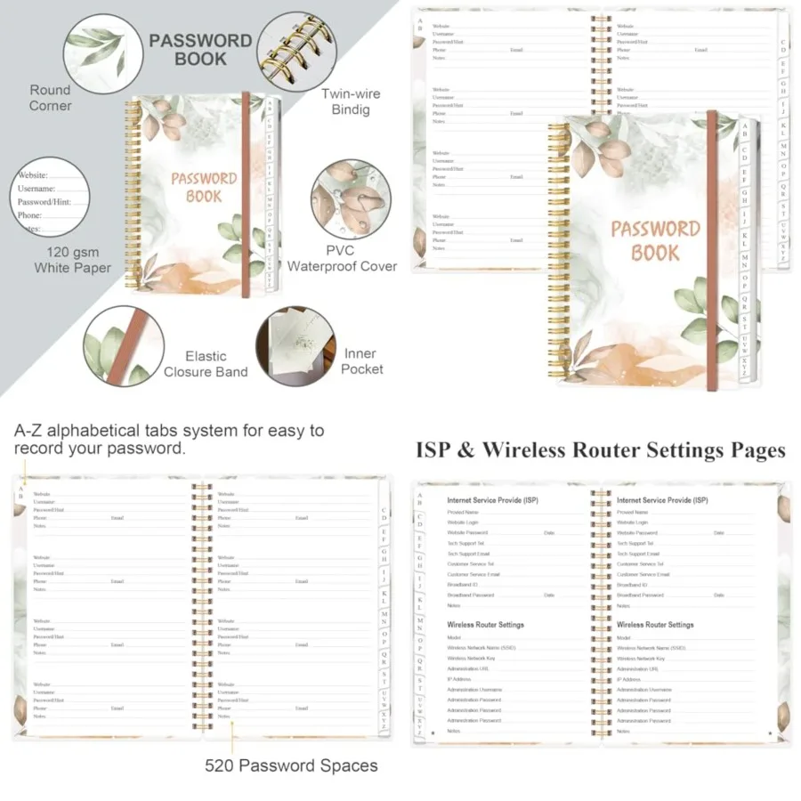 

Password Book with Alphabetical Tabs - Large Size Password Keeper Journal Notebook for Computer Website Logins,,Leaf