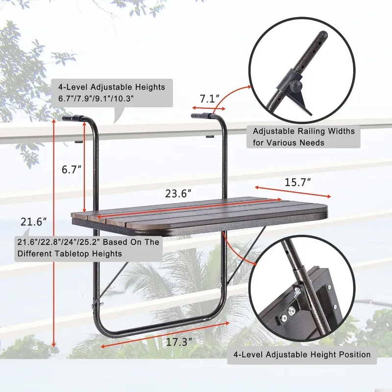 

Balcony Railing Table Outdoor Hanging Folding Brown Aluminium Metal Side Table Adjustable 23.6"L x 15.7"W
