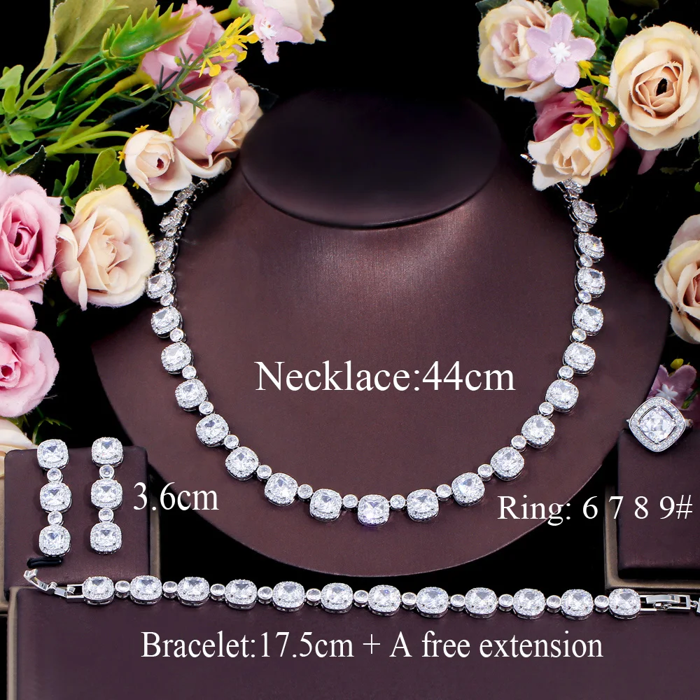 CWWZircons 4Pcs Square Cubic Zirconia Paved Women Wedding Party Necklace Earring Bracelet Rings Bridal Costume Jewelry Sets T671