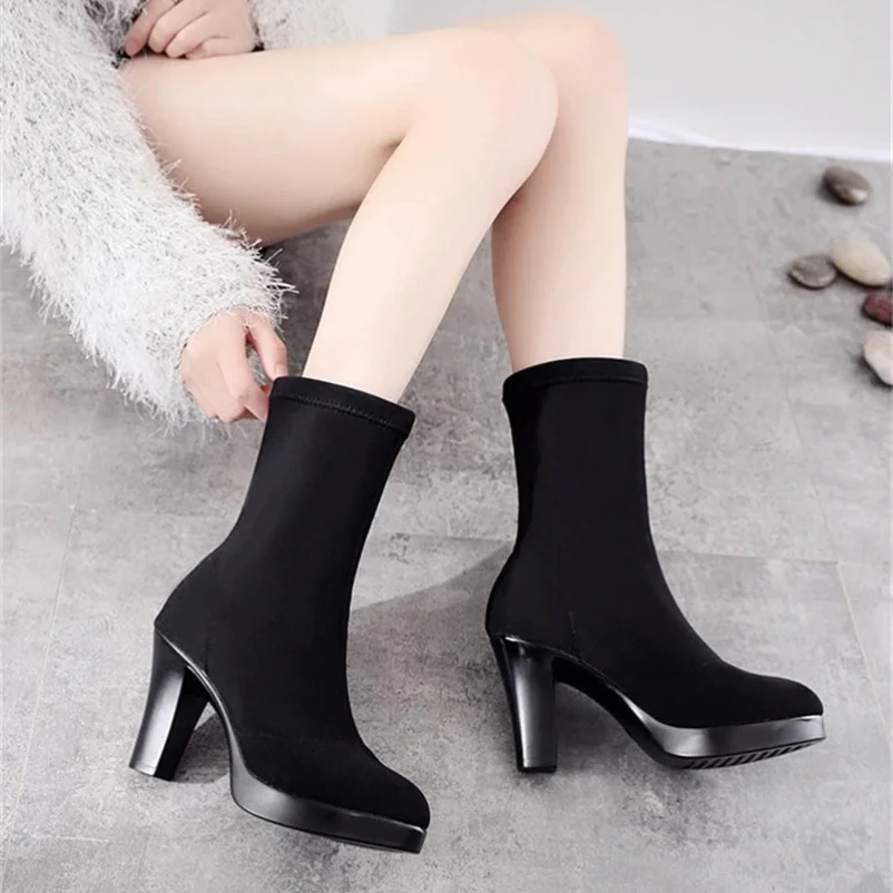 

2025 Plus Size 32-43 Block Heels Ankle Boots for Women Winter Shoes Stretch Sock Boots Ladies High Heel Platform Boots