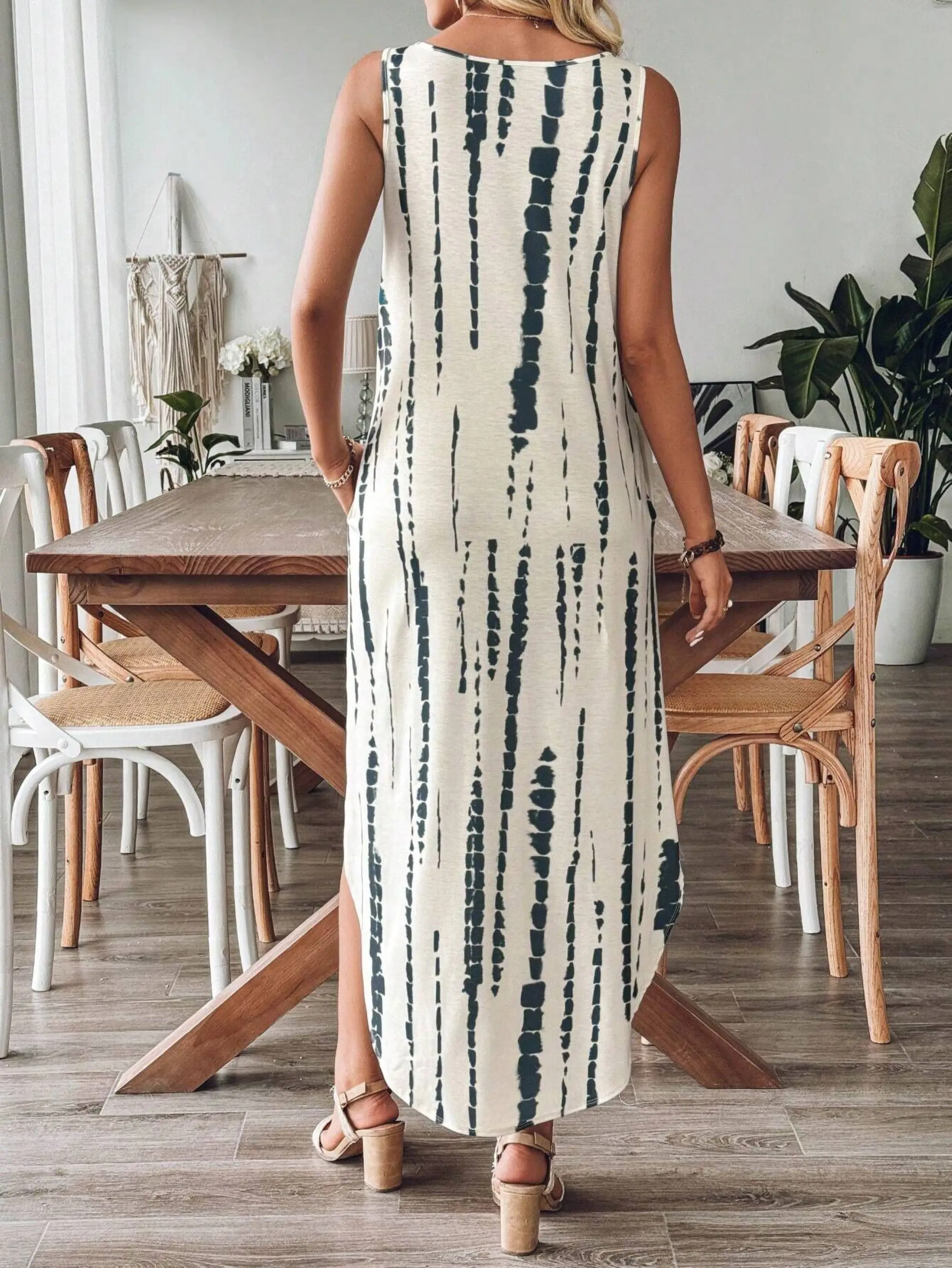 Abito estivo Boho Tie-Dye da donna, vestito estivo casual senza maniche con cinturino per spaghetti da spiaggia