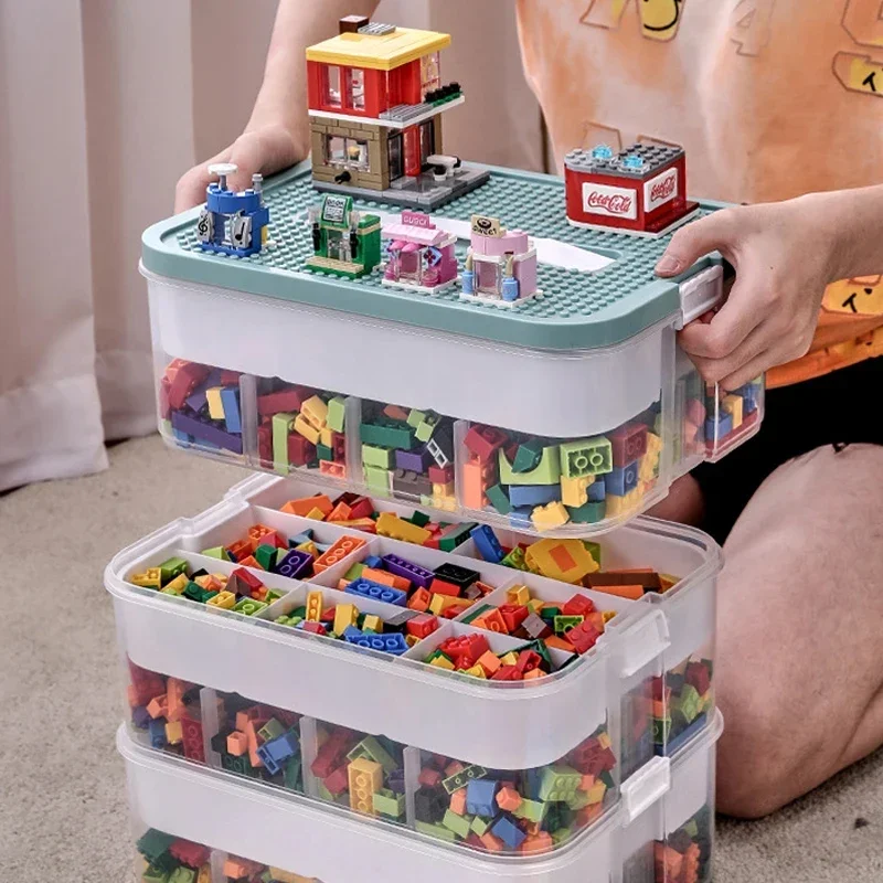 3 Layer Kids Building Blocks Storage Box Adjustable Lego-Compatible Storage Container Plastic with Handle Grid Toy Organizer ​It