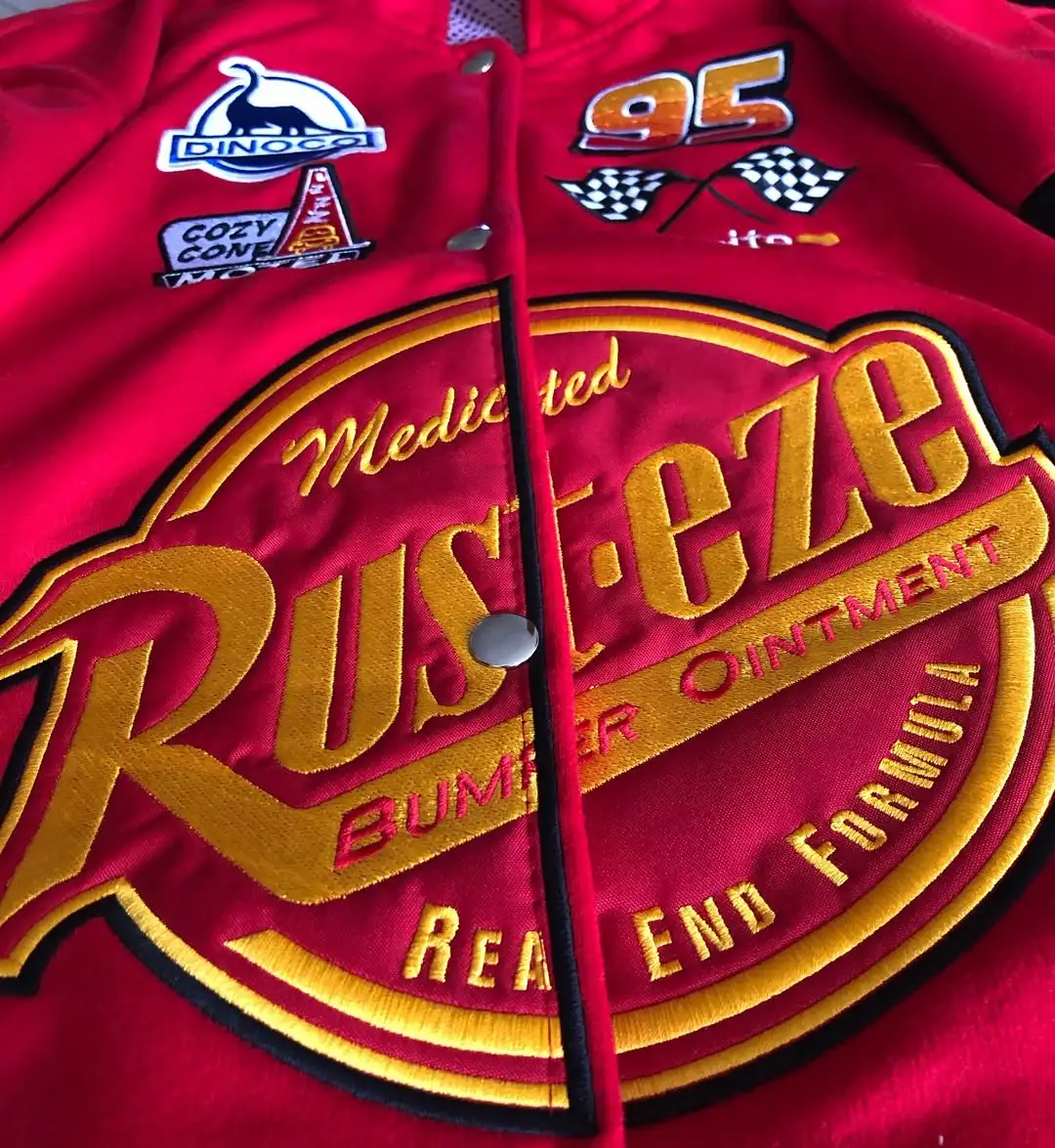 Men's and Women's Red and Black Racing Style Flame Pattern Baseball Jacket Size 95 Single Breasted American Outdoor Wear - view 5