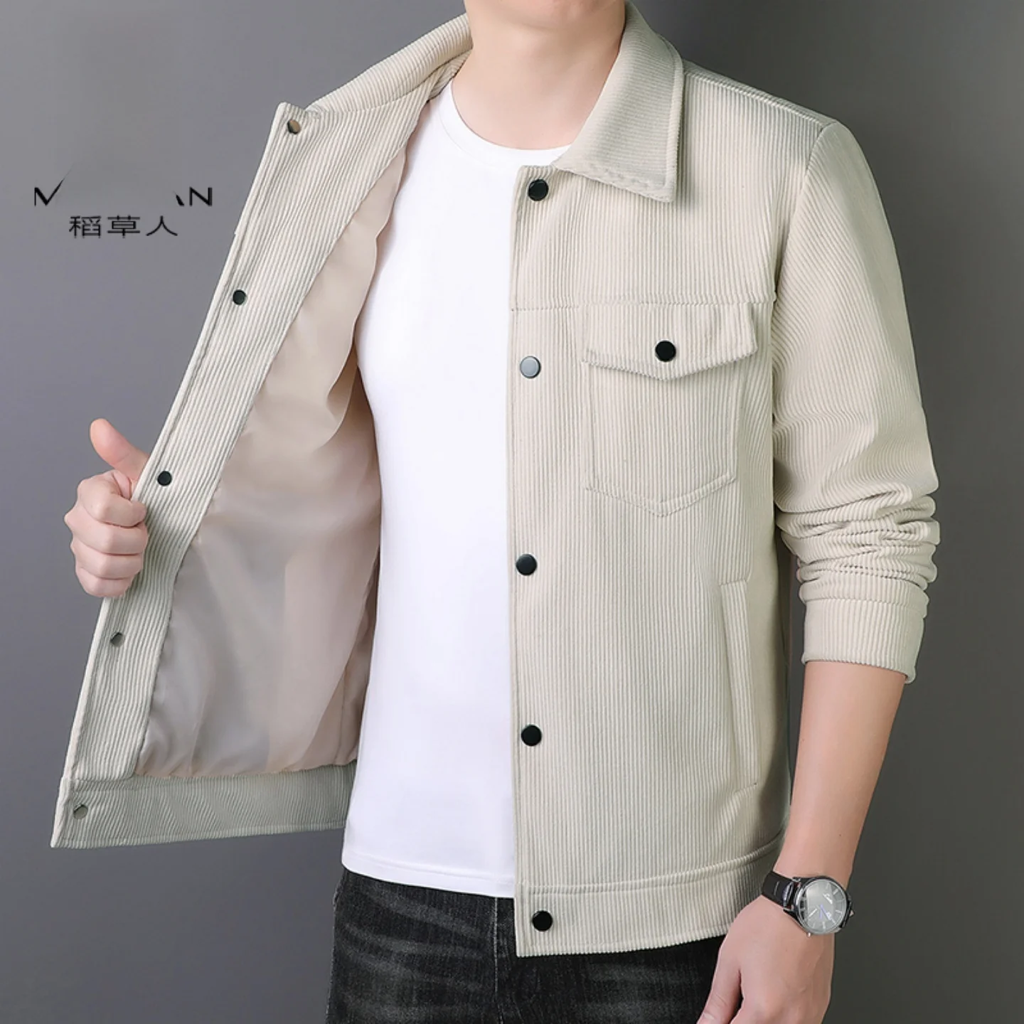 

Casual Loose Men's Corduroy Jaet Coat Spring Autumn Large Size Collar Workwear Versatile Top Button Closure No Hat Included