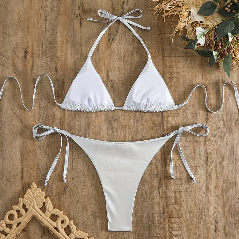 Sexy Gold Brozing Mini Bikini Women Silver Push Up Holiday Swimsuit 2026 Brazilian Beach Bathing Suit Tie Side Triangle Swimwear view 4