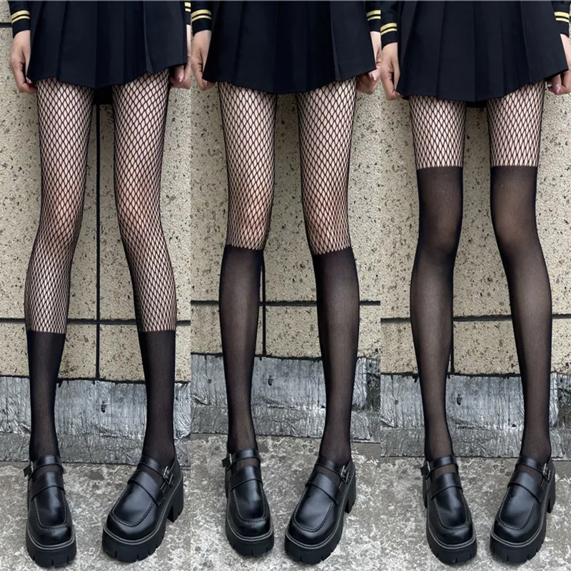 

New Goth Lolita Tights Club Fishnet Stockings women White and Black Hollowed Out Mesh Pantyhose Sexy rregular splice Web tights#