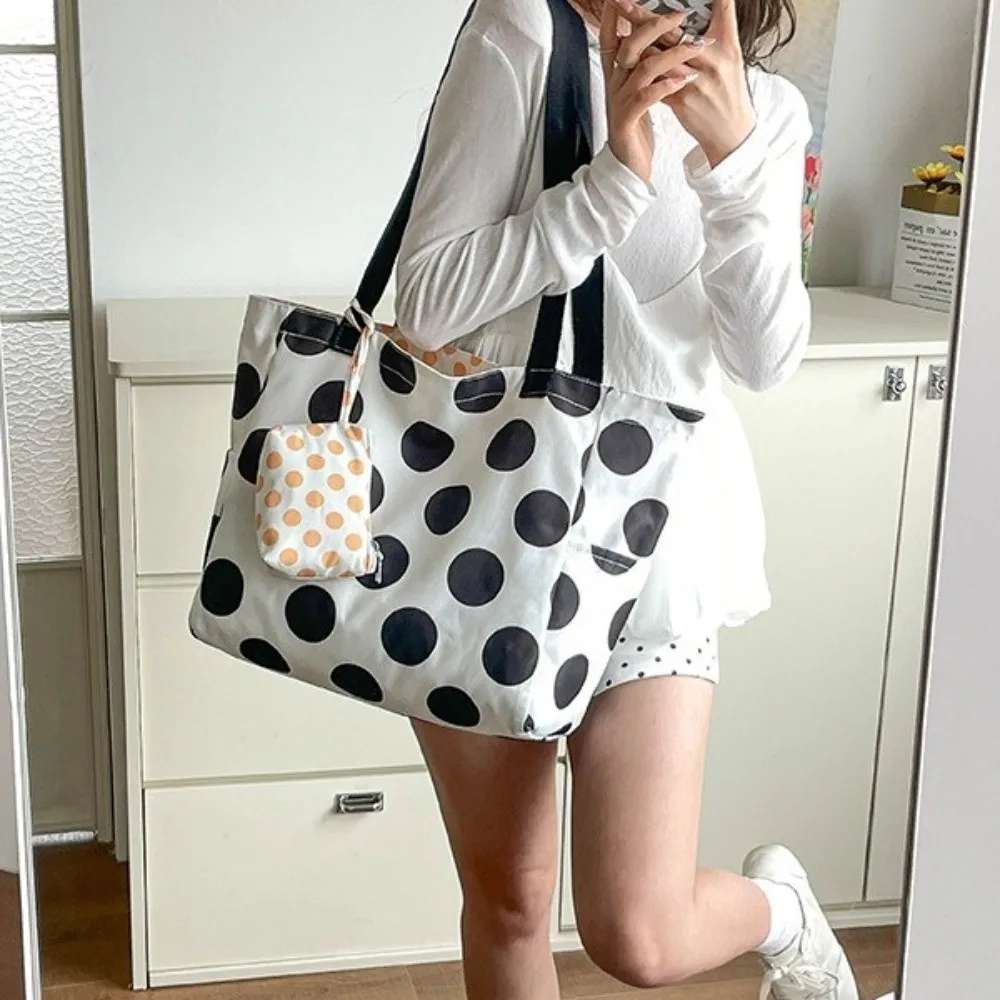 New Large Capacity Nylon Polka Dot Bag Lace-up with Small Bag Double-sided Tote Bag Zipper Durable Casual Shoulder Bag Shopping